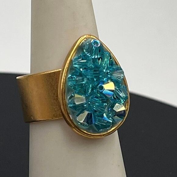 Liz Palacios Teardrop Blue AB Swarovski Crystal Gold Plated Wide Band Ring Sz 7 - Picture 1 of 8